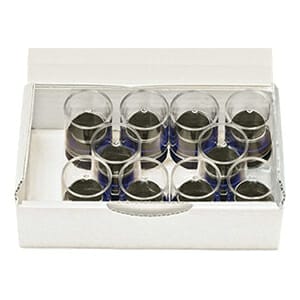 EM-Tec FS25Z box with 10 x Ø25.4mm short Zeiss pin stubs plus Ø25mm high purity conductive tabs in SB3 storage tubes