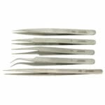 Value-Tec set of 5 general purpose tweezers, includes style 3, 5, 5A, 7 and SS (slim long) non-magnetic stainless steel
