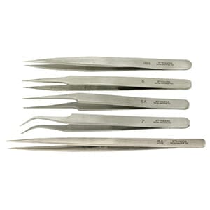 Value-Tec set of 5 general purpose tweezers, includes style 3, 5, 5A, 7 and SS (slim long) non-magnetic stainless steel