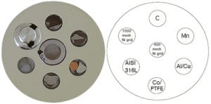 EM-Tec EDX-Checker S-8 with C, PTFE, Mn, Al/Cu, Co, AISI 316L and 400/1000 mesh Ni grids